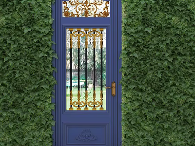 Blue Swing Door With Gold Decorative Iron Grille And Green Ivy Surroundings 3d model