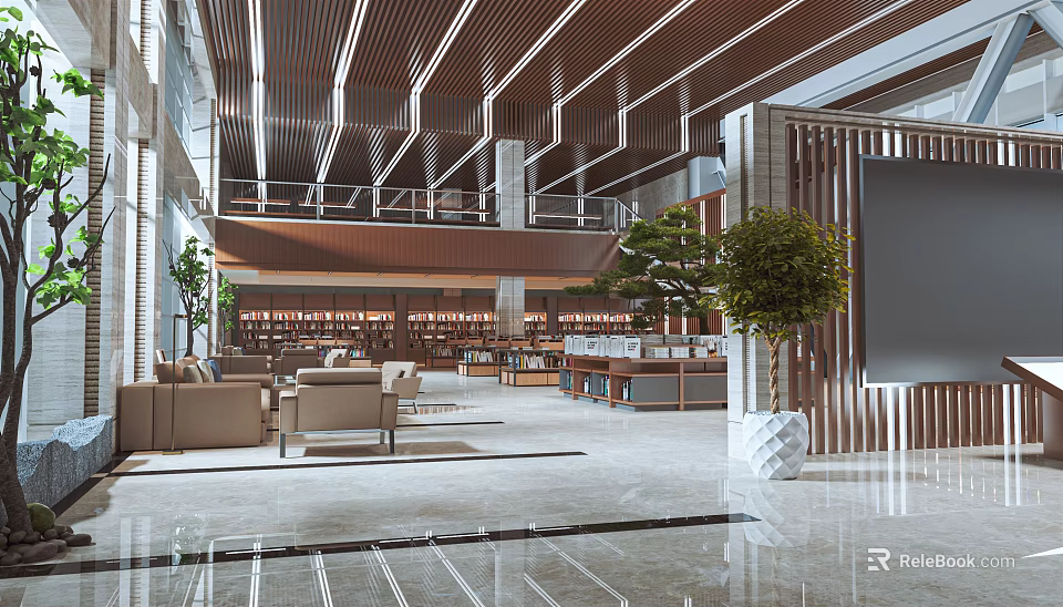Book Art Modern Library Interior Design With Bookshelves Comfortable Sofas And Green Plants 3d model 