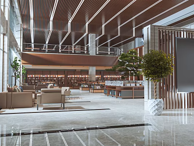 Book Art Modern Library Interior Design With Bookshelves Comfortable Sofas And Green Plants 3d model