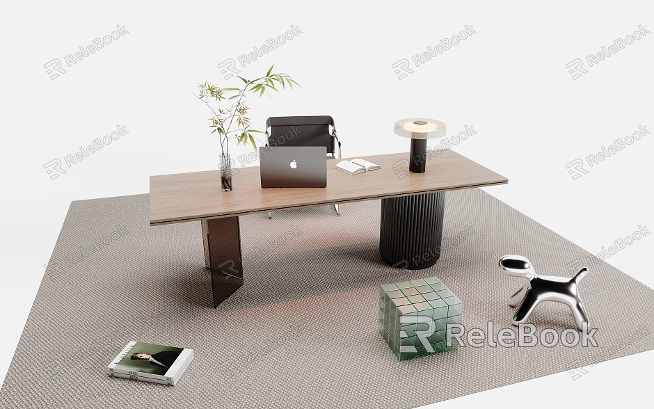 Modern Desk and Chair Combination Finished Desk Office Chair Desk Lamp Laptop Carpet Green Plant model