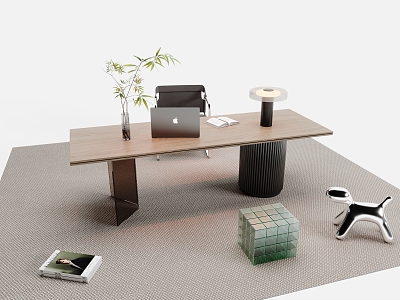 Modern Desk and Chair Combination Finished Desk Office Chair Desk Lamp Laptop Carpet Green Plant model