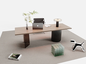 Modern Desk and Chair Combination Finished Desk Office Chair Desk Lamp Laptop Carpet Green Plant 3d model