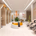 Bright Modern Service Hall Interior With Reception Desk Green Plants And Orange Seats