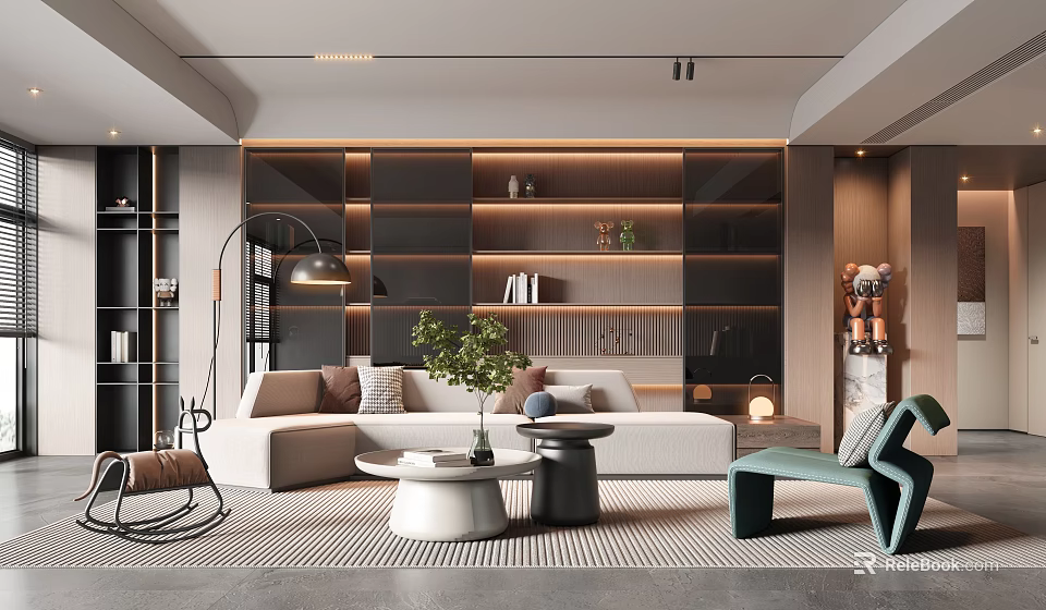 Modern Living Room Interior With Sofa Coffee Table Rocking Chair And Green Plant 3d model 