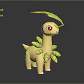 3D Game Character With Yellow Body Red Eyes Green Buds On Back And Head Leaf