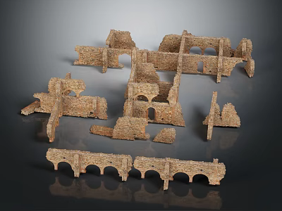 Ancient Architectural Ruin Models with Arches Walls and Bridges in Earthy Yellow on Gray Background 3d model