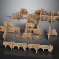 Ancient Architectural Ruin Models with Arches Walls and Bridges in Earthy Yellow on Gray Background