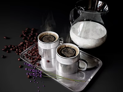 Two Cups of Hot Coffee with Glass Pitcher Coffee Beans and Lavender on Silver Tray 3d model
