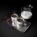 Two Cups of Hot Coffee with Glass Pitcher Coffee Beans and Lavender on Silver Tray