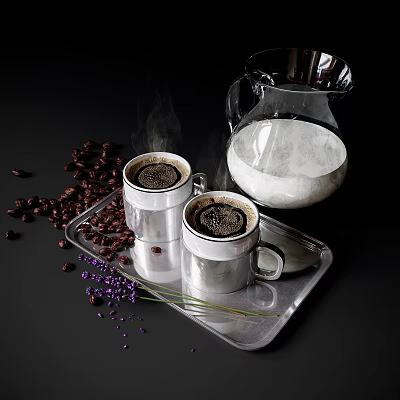 Two Cups of Hot Coffee with Glass Pitcher Coffee Beans and Lavender on Silver Tray 3d model