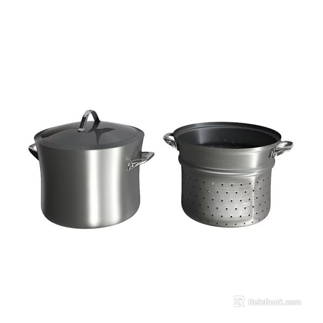 Stainless Steel Cooking Pots With Lid And Perforated Steamer Insert 3d model 