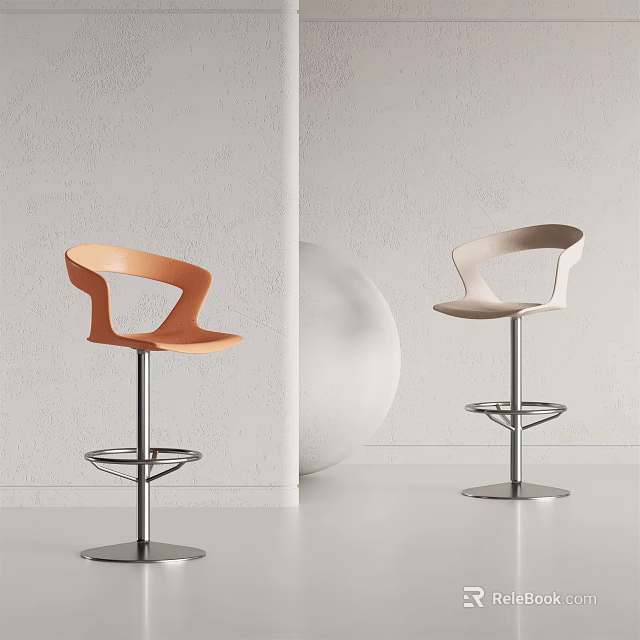 Modern Bar Stools With Curved Backrest Orange And Beige Metal Base For Modern Kitchen 3d model 