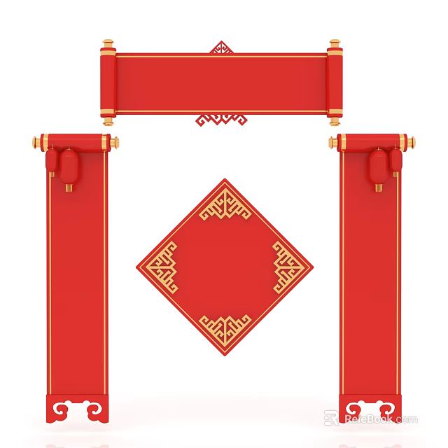 Traditional Chinese Red Hanging Decorations Featuring Golden Patterns And Diamond Scrolls 3d model 