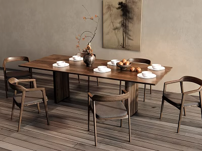 Modern Wooden Dining Table Set With Chairs Tableware Decorative Vase And Fresh Fruits 3d model