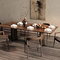 Modern Wooden Dining Table Set With Chairs Tableware Decorative Vase And Fresh Fruits
