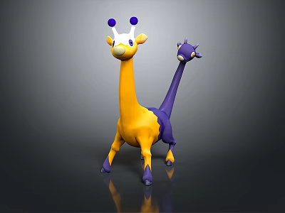 3D Game Character With Long Neck Two Heads Yellow Purple Body White Horns Purple Tips 3d model