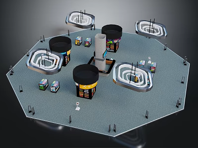 Hexagonal Industrial Landscape With Gray Ground Black Cylindrical Tanks Yellow Labels And White Circular Structures 3d model