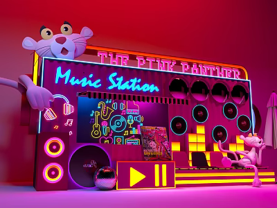 The Pink Panther Music Station With Neon Lights Speakers And Cartoon Elements 3d model