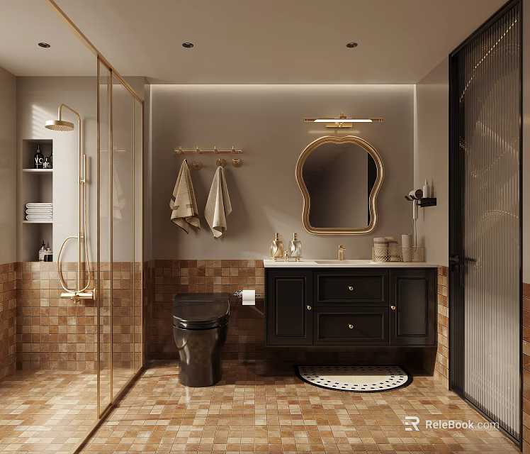 Elegant Bathroom Interior Design With Tiled Walls Floor Black Vanity Gold Framed Mirror And Toilet 3d model 