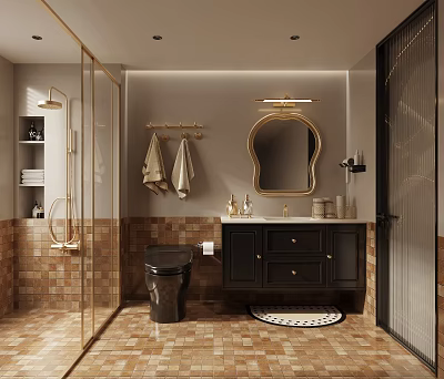 Elegant Bathroom Interior Design With Tiled Walls Floor Black Vanity Gold Framed Mirror And Toilet 3d model