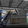 Modern Shopping Mall Lobby Interior With Escalator Staircase Elevators And Blue Signage