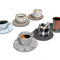 Vintage and Modern Kitchenware Collection Featuring Various Coffee Mugs with Saucers