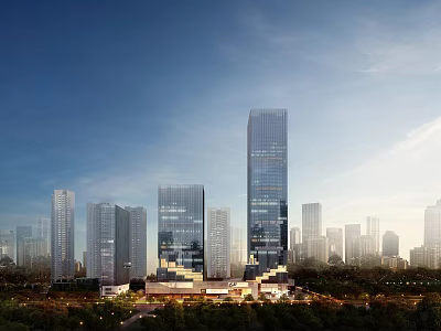 Modern City Skyline With Tall Glass Skyscrapers And Urban Buildings At Dusk 3d model