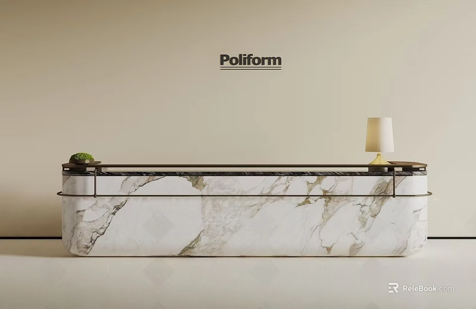 Poliform Elegant Reception Desk With White Marble Top Table Lamp And Small Plant 3d model 