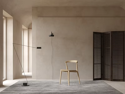 Minimalist Interior Featuring Light Colored Dining Chair Gray Rug And Wooden Shutters 3d model