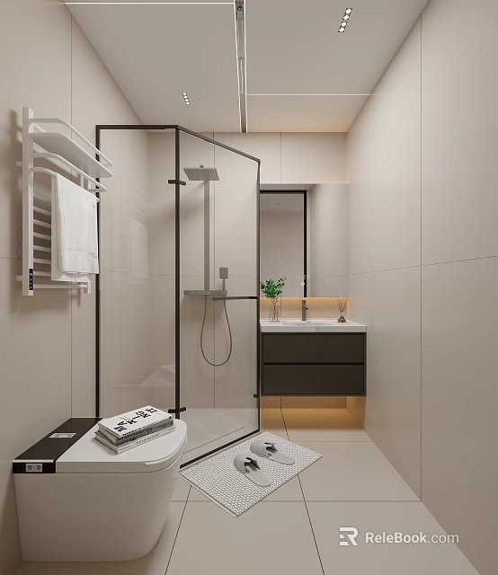 Modern Bathroom Interior Design With Glass Shower Vanity Mirror And White Tiles 3d model 