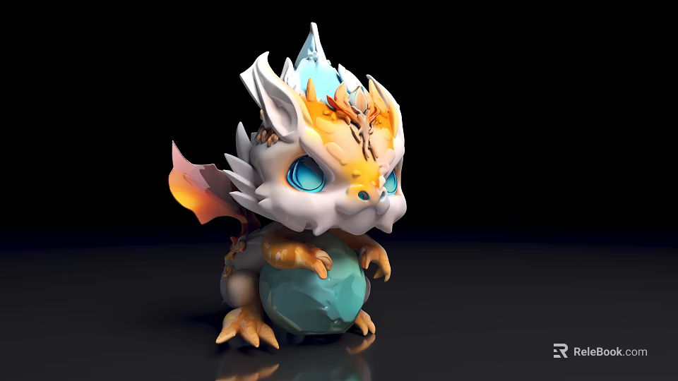 Cute 3D Chibi Dragon Model With White Orange Head Blue Eyes Orange Wings Blue Gem 3d model 