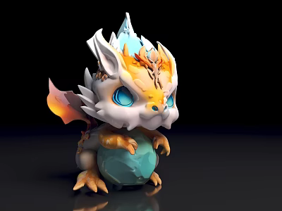 Cute 3D Chibi Dragon Model With White Orange Head Blue Eyes Orange Wings Blue Gem 3d model