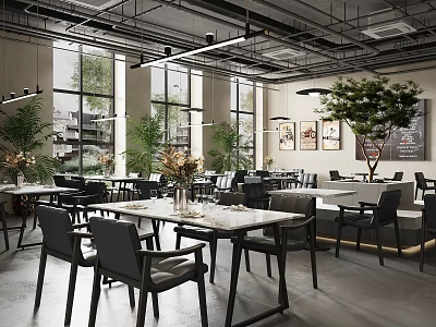 Modern Restaurant Interior With Large Windows Tables Natural Light Plants And Framed Art 3d model