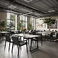 Modern Restaurant Interior With Large Windows Tables Natural Light Plants And Framed Art