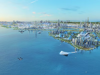 Aerial Planning of Modern Coastal City With Skyscrapers And Waterfront Development 3d model