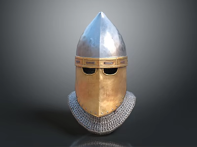 Medieval Knight Helmet With Silver Dome Gold Faceplate And Chainmail Neck Guard 3d model