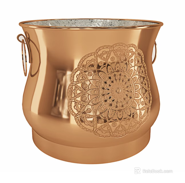 Copper Decorative Vase With Intricate Floral Lace Pattern And Metal Handles 3d model 