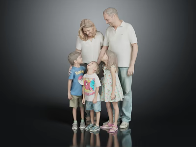 Happy Family Group Studio Portrait With Parents And Three Children Standing Together 3d model