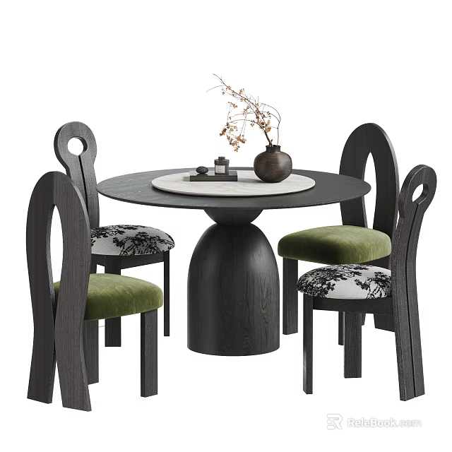 Modern Black Round Wooden Table and Chairs Set with Green Patterned Seats and Decorative Vase 3d model 