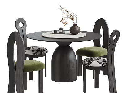 Modern Black Round Wooden Table and Chairs Set with Green Patterned Seats and Decorative Vase 3d model