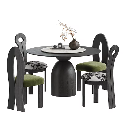 Modern Black Round Wooden Table and Chairs Set with Green Patterned Seats and Decorative Vase 3d model