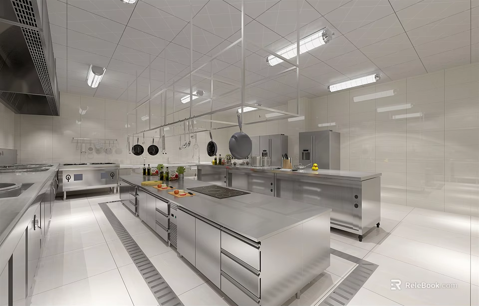 Commercial Kitchen Interior Layout With Stainless Steel Countertops Hanging Lights Cooking Utensils and Appliances 3d model 