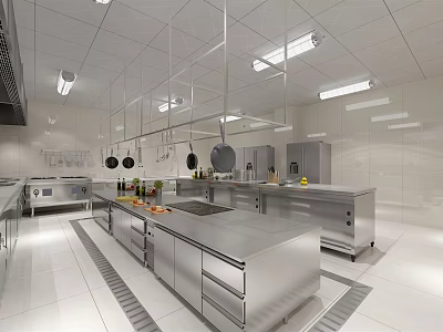 Commercial Kitchen Interior Layout With Stainless Steel Countertops Hanging Lights Cooking Utensils and Appliances 3d model