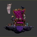 Ornate Enchanted Purple Armchair With Raven Open Book Scrolls And Floating Platform
