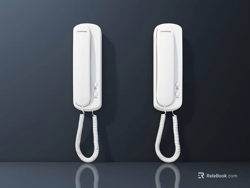 Two White Digital Fixed Phones With Curly Cords On Dark Background 3d model 