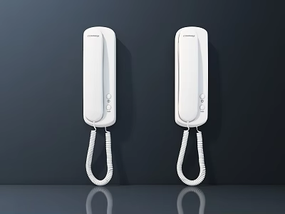 Two White Digital Fixed Phones With Curly Cords On Dark Background 3d model