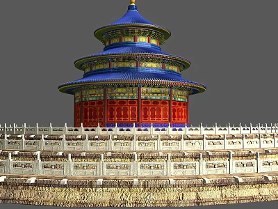Ancient Chinese Architecture Multi Tiered Historic Building With Blue Roof Red Walls And White Railings 3d model