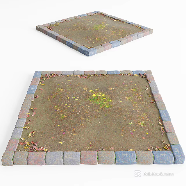 Colorful Brick Bordered Tree Pit With Soil Surface Scattered Fallen Leaves And Small Green Plants 3d model 