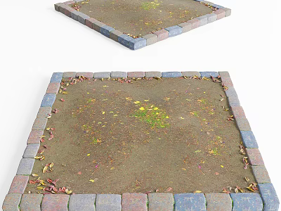 Colorful Brick Bordered Tree Pit With Soil Surface Scattered Fallen Leaves And Small Green Plants 3d model