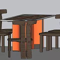 Wooden Dining Table With Patterned Top Orange Legs And Four Chairs Set 3d model